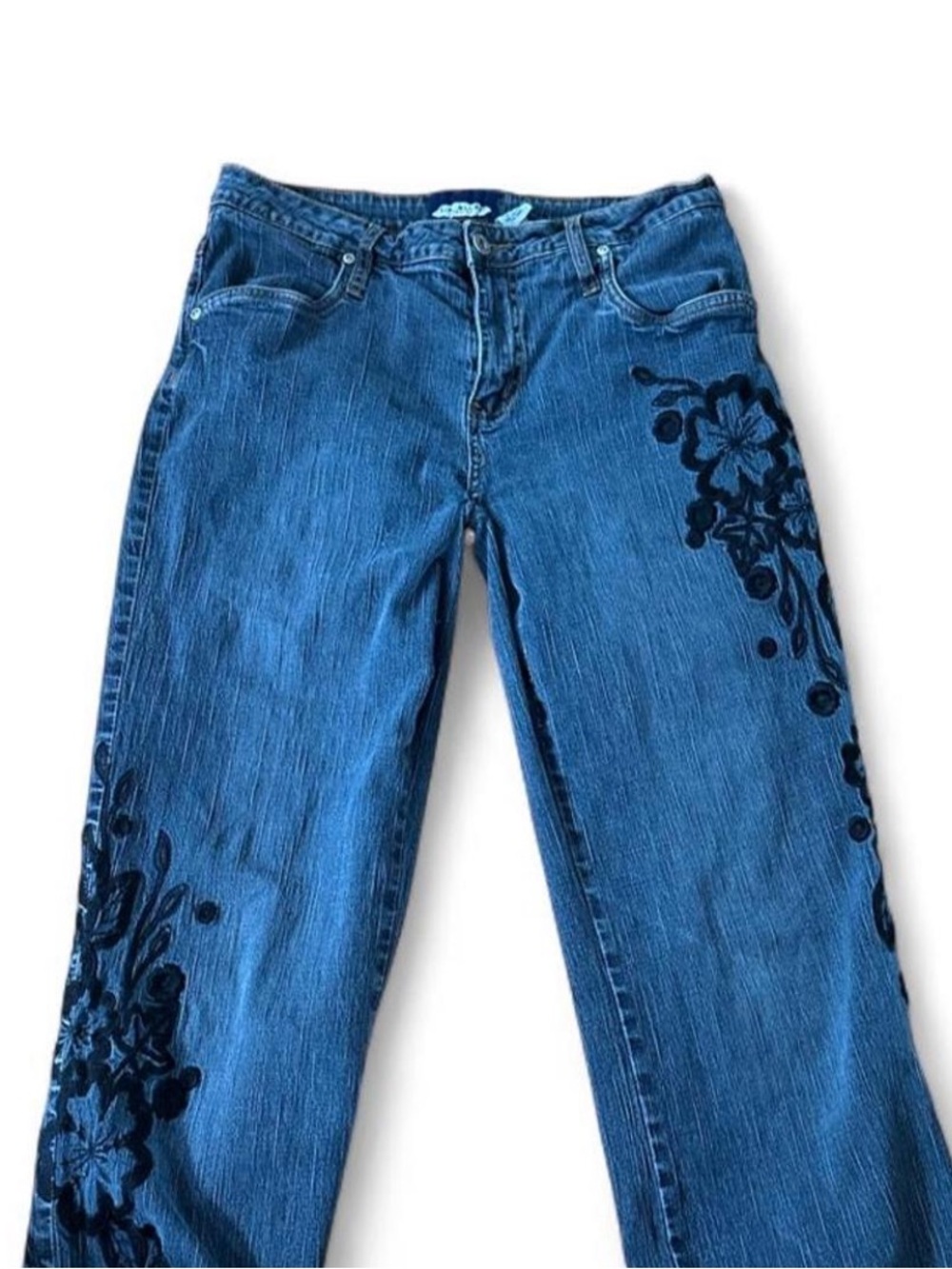 L.A. Blues Blue Denim Flared Jeans with Dark Floral Embroidery